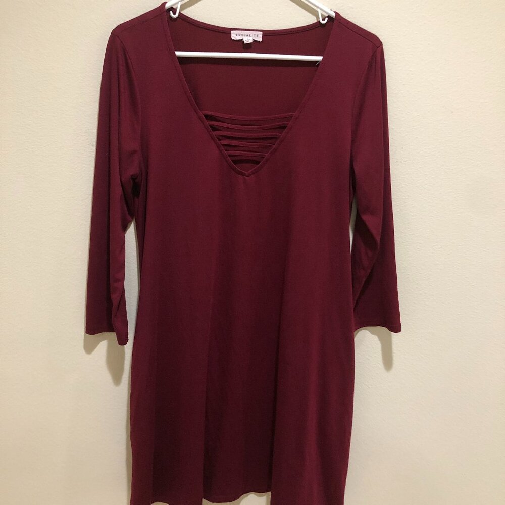 Socialite V Neck, A-Line Burgundy Dress